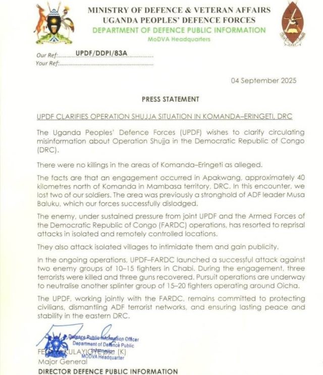 Statement issued by the Director of Defence Public Information Maj Gen Felix Kulayigye