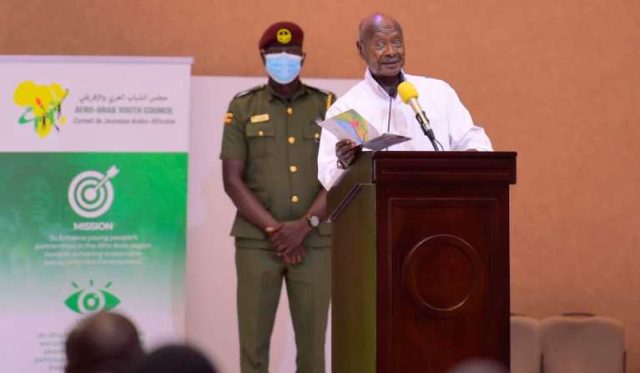 Museveni addressing the Afro-Arab Congress at Speke Resort Munyonyo