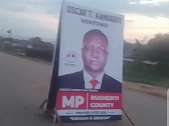 Rushenyi NUP aspirant Kamugira’s campaign poster erected in the middle of the road