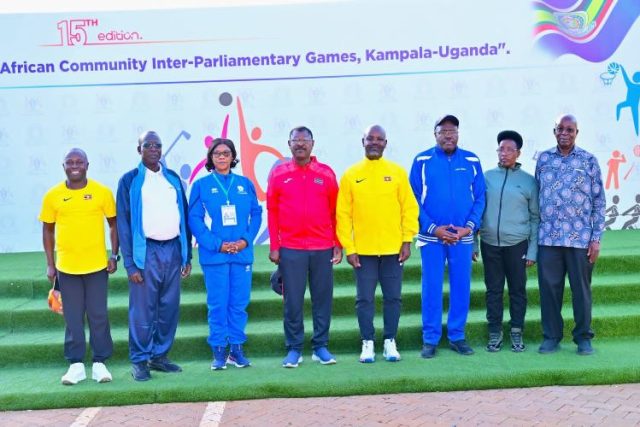 Tayebwa takes a picture with EAC Heads of Legislation during the opening of 2025 Games