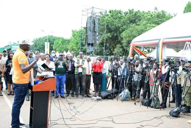 Maj Jimmy Denis Omara addressing journalists ahead of President Yoweri Kaguta Museveni swearing in ceremony