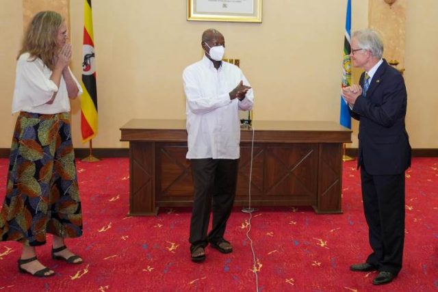 Museveni bidding farewell to German Ambassador Matthias Schauer