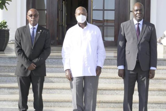 Museveni together with the Chief Justice Dr Flavian Zeija and the Deputy Chief Justice Moses Kazibwe Kawumi